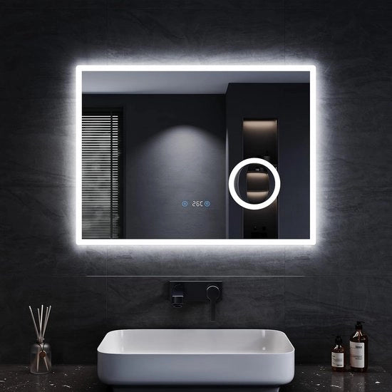 Specchio Bagno con Illuminazione e Funzione Anticondensazione – 80 x 60 cm, Colori di Luce Regolabili, Interruttore a Tocco, Orologio e Temperatura