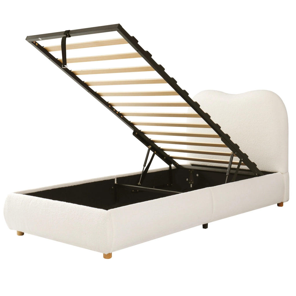 Letto per bambini imbottito con vano contenitore e rete a doghe; tessuto bouclé beige