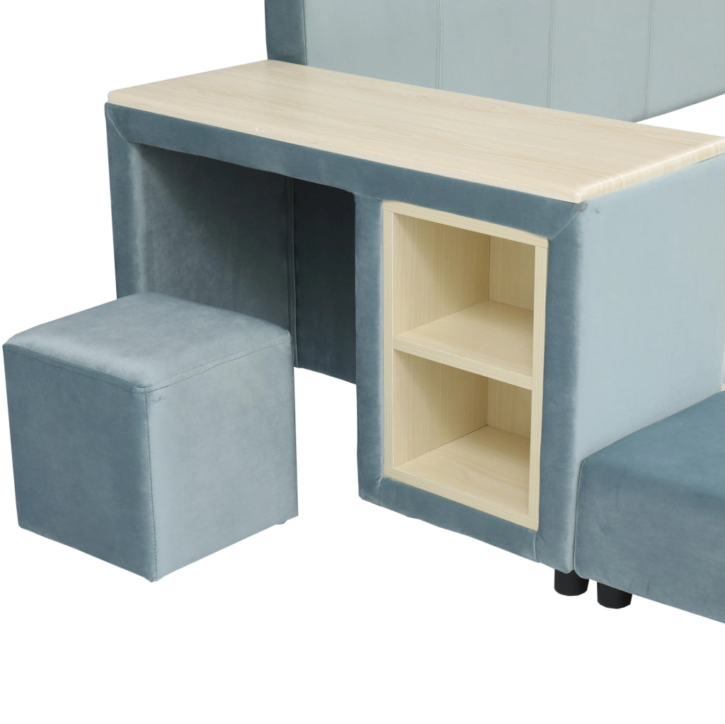 Letto imbottito 140x200 cm blu in velluto con scrivania laterale e sgabello