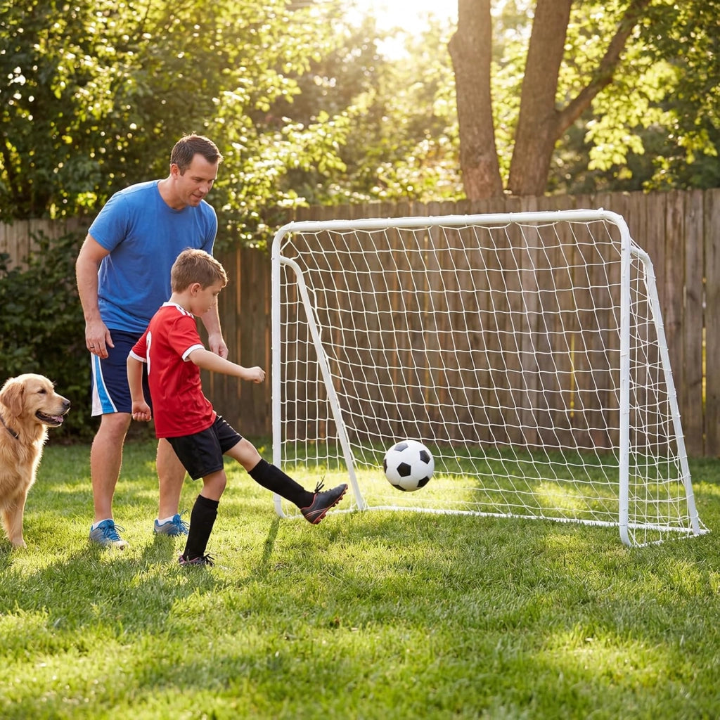 Porta da Calcio 2 in 1, Porta da Calcio con Parete di Tiro Rimovibile, 5 Fori, Picchetti e Fascette, Set di Rete con Bersaglio, per Bambini e Adulti, 215 x 77 x 152 cm