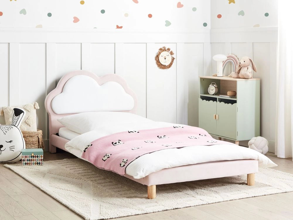 Letto Rosa e Bianco Velluto Imbottito Telaio Poggiatesta 3ft EU Dimensione Singola Camera da Letto Bambini Camera Moderna Tradizionale