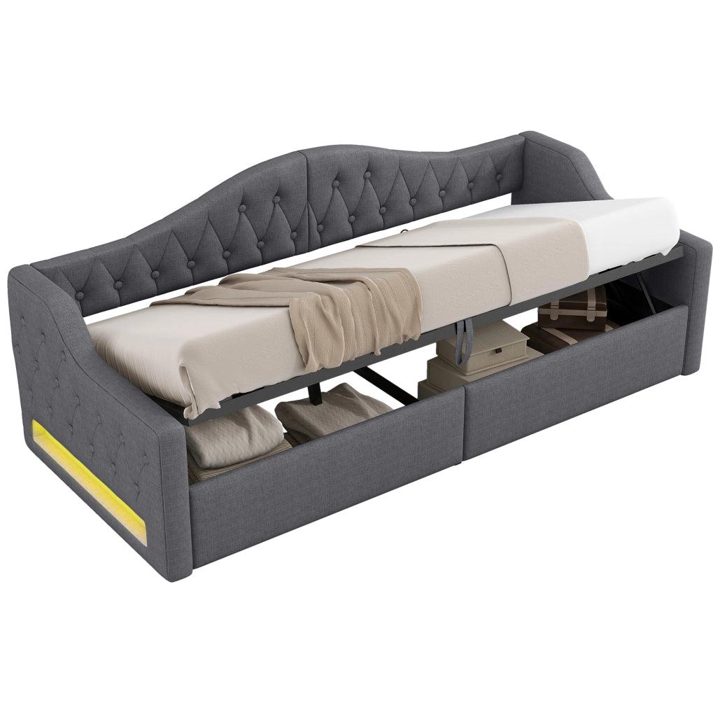 Letto da giorno imbottito 90x200 con LED; contenitore sotto il letto; grigio