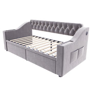 Letto imbottito singolo 90×190 cm con 2 cassetti; USB; Type-C e ripiani laterali; senza materasso; grigio chiaro