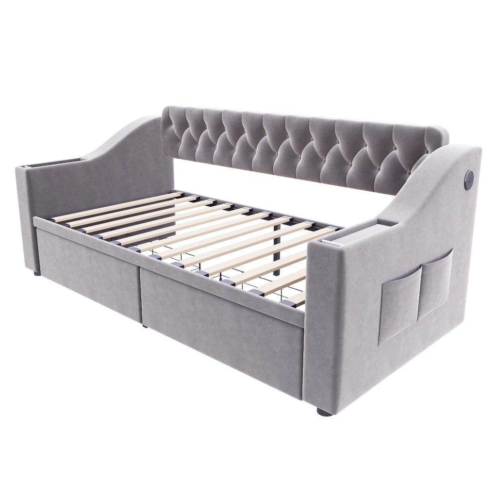 Letto imbottito singolo 90×190 cm con 2 cassetti; USB; Type-C e ripiani laterali; senza materasso; grigio chiaro