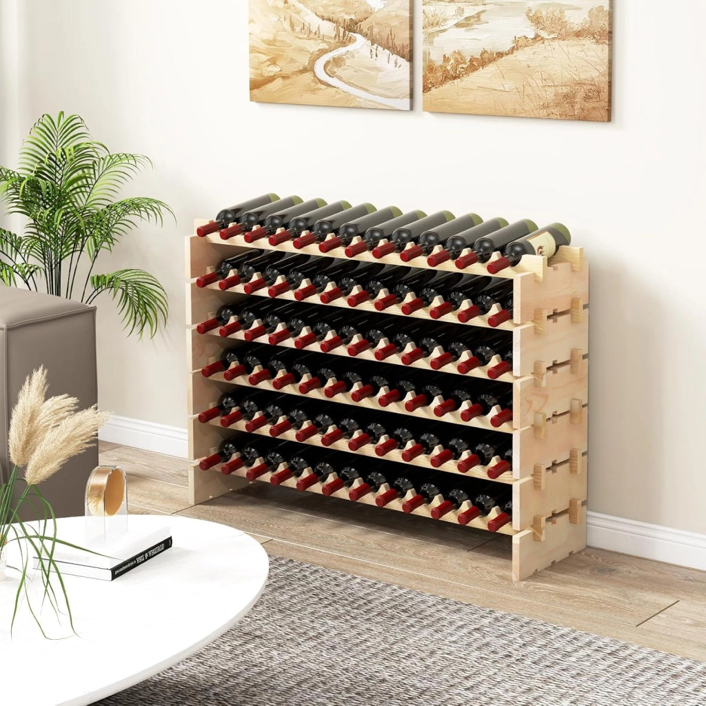 Portabottiglie in legno di pino per 60 bottiglie, scaffale indipendente a 6 livelli, 101 x 29 x 73 cm, portabottiglie impilabile, per cantina, bar, sala da pranzo, naturale