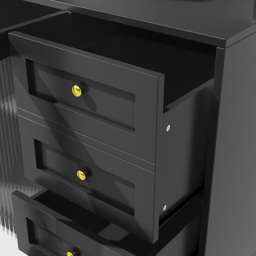 Credenza da cucina con LED e ampio spazio contenitore in MDF nero con ante in vetro scanalato 120 × 40 × 188 cm