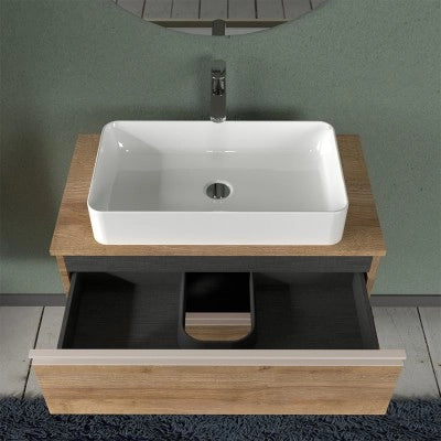 Mobile bagno sospeso 80 cm rovere miele con top e specchio tondo Master