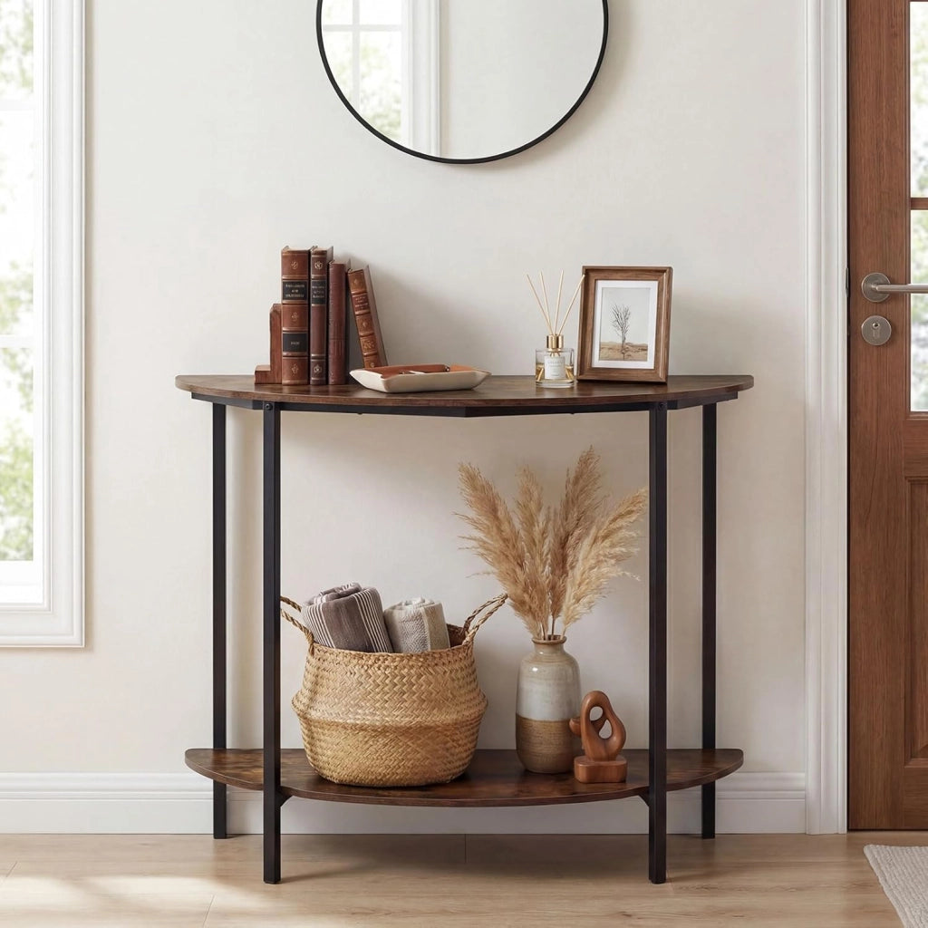 Consolle Ingresso 100 cm, Tavolo d’Ingresso a Forma di Mezzaluna con Doppio Ripiano Aperto, Tavolo Consolle Sottile e Salvaspazio per Salotto, Corridoio e Entrata
