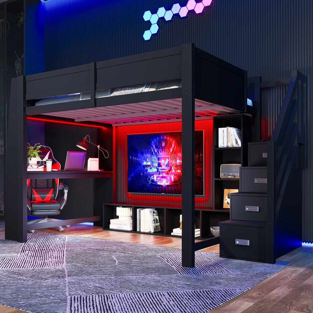 Letto alto in legno nero con scrivania stoccaggio a più livelli illuminazione led 140x200 cm