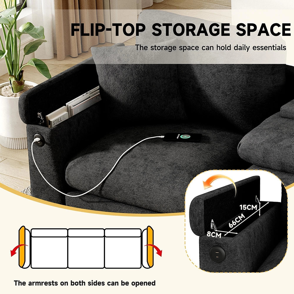Divano 3 posti - Xylo - In chenille, con tavolo e USB, beige, porta bicchieri
