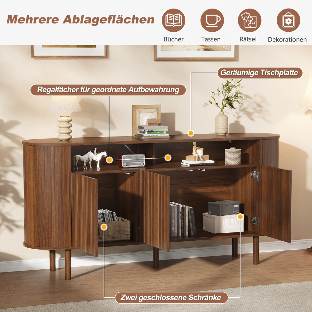 Credenza e madia con 3 ante a onde e 2 vani aperti, per soggiorno, in truciolare, noce, 160 × 40 × 78,5 cm