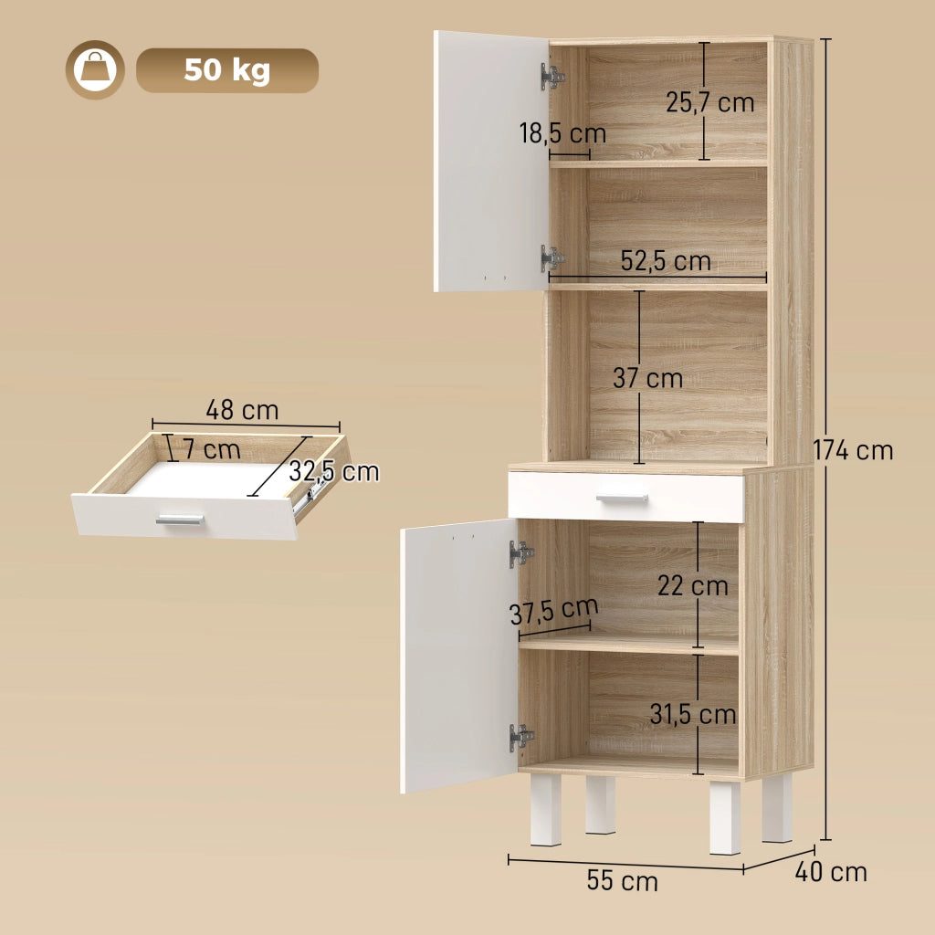 Armadio da Cucina con Ante, Cassetto e Piano di Lavoro ¨C zephmum ¨C Bianco e Legno Naturale 55x40x174 cm