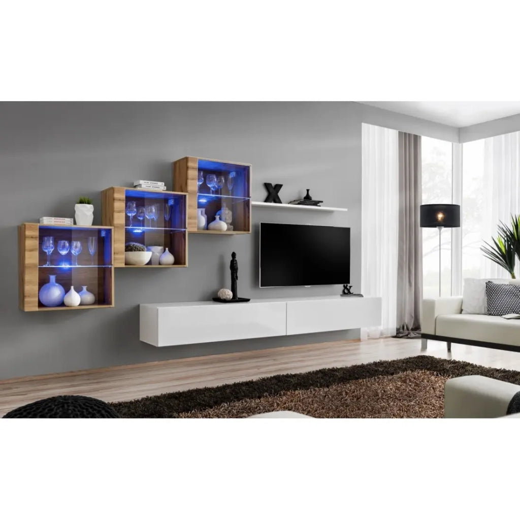 Set di mobili da soggiorno SWITCH XX design, colori bianco lucido e rovere Wotan.