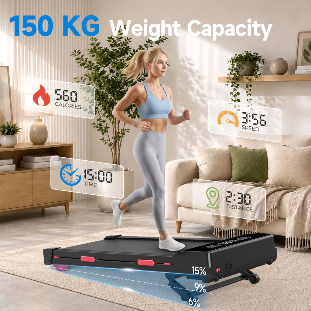 Tapis Roulant Salvaspazio con Pendenza Automatica 15%, Walking Pad da Scrivania Motore Senza Spazzole Silenzioso 2,5CV, 150kg, Telecomando e APP