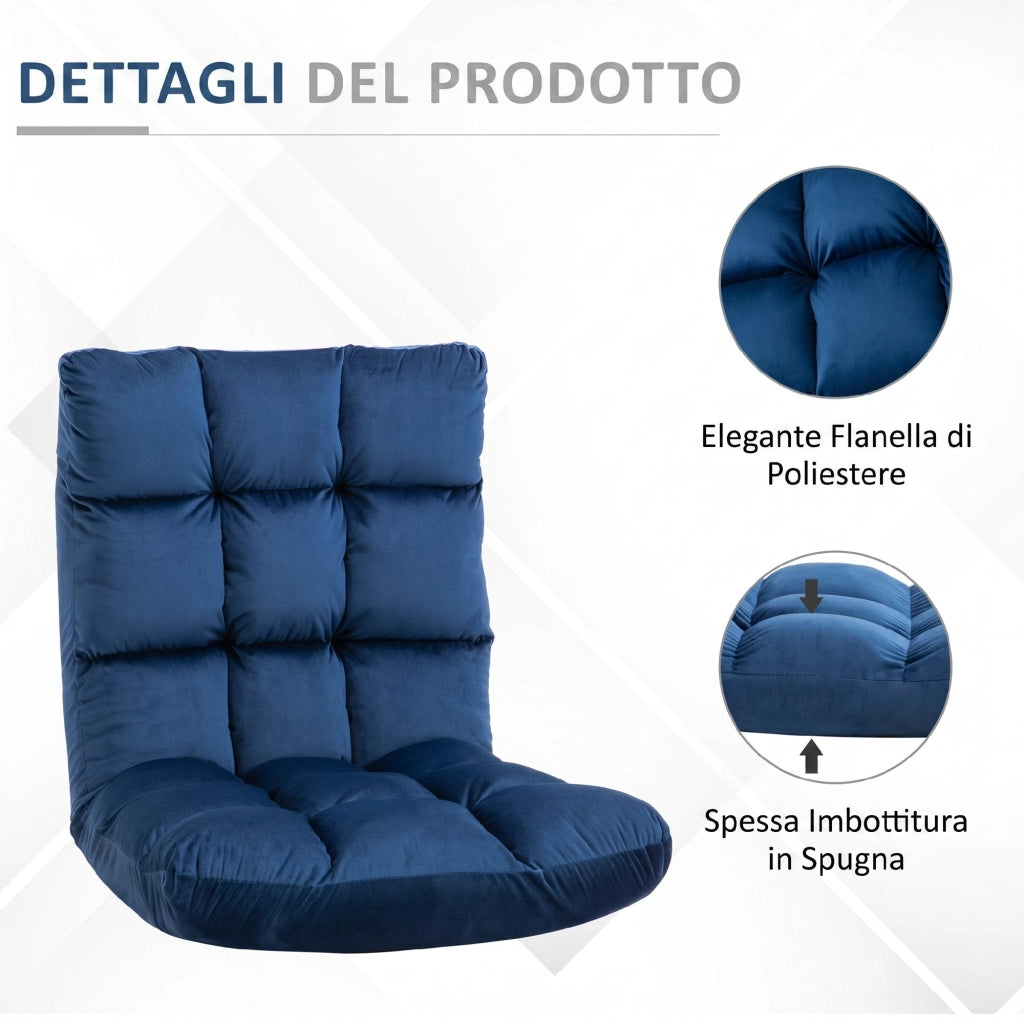 Poltrona da Terra 55x71x53,5cm con Schienale Reclinabile fino 180° e Imbottitura Spessa in Velluto Blu