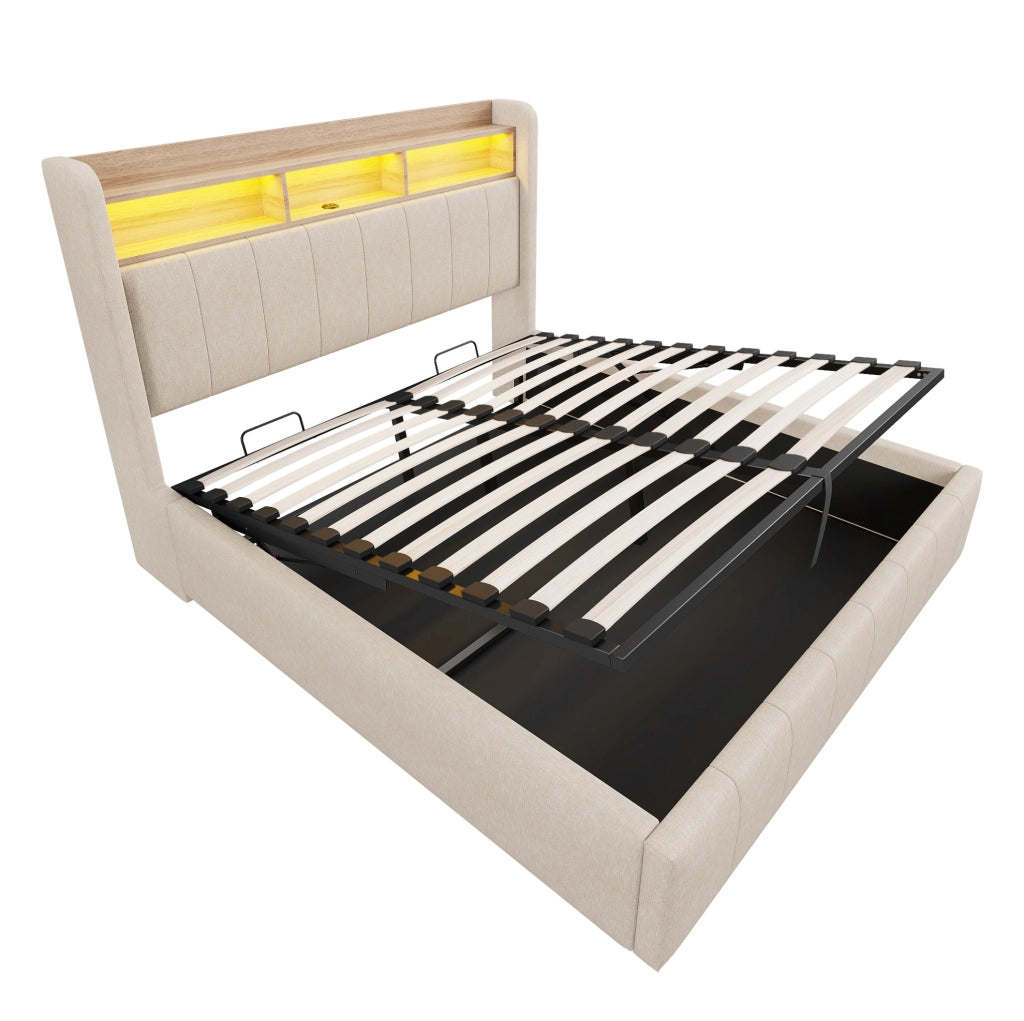 Letto matrimoniale imbottito 140x200 cm con LED; USB e contenitore idraulico; beige