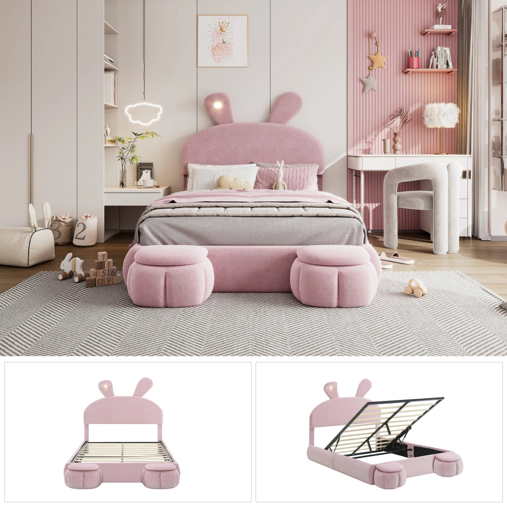 Letto Contenitore 140 x 200 cm; Letto Matrimoniale - LED Regolabile e 2 Pouf - Rosa