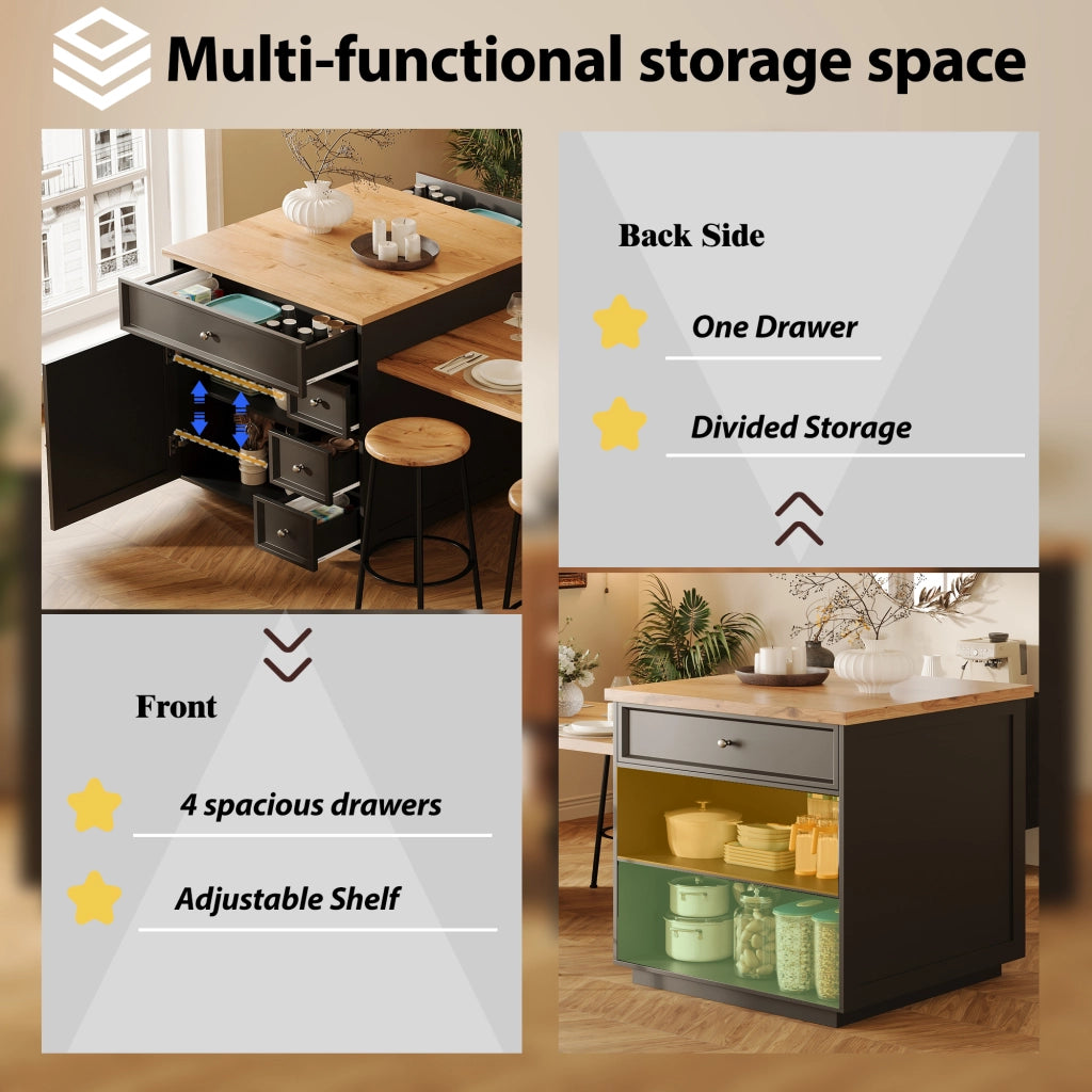 Isola Cucina Allungabile con Cassetti e Ruote ¨C MINIMAL ¨C Piano Effetto Legno, Nero, 120-184 cm
