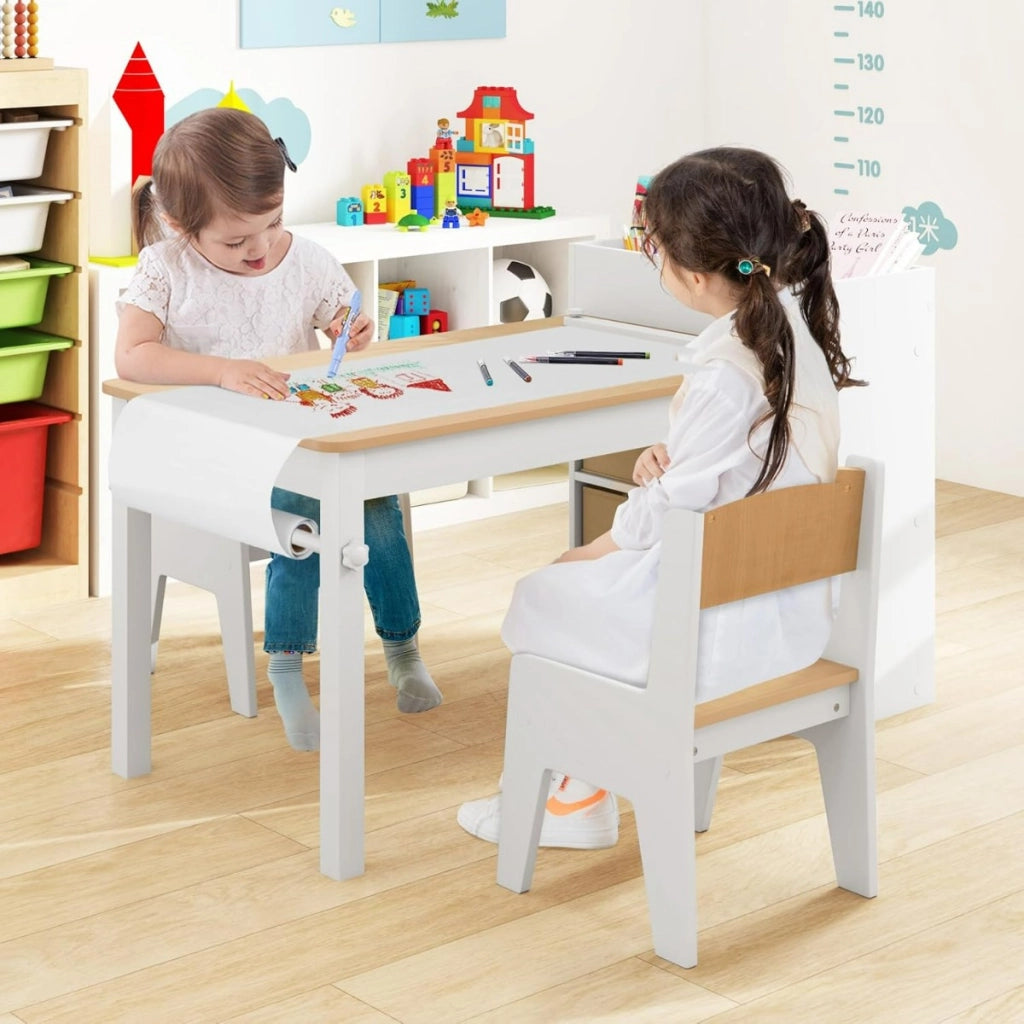 Set tavolo e sedie per bambini con 2 sedie-Set Tavolino per bambini per stanza giochi Naturale e Bianco