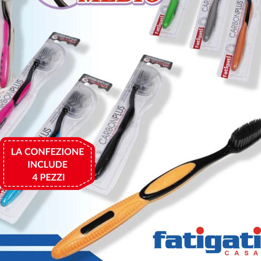 Trade Shop - Set 4 Spazzolini Sbiancanti Carbon Plus Medio Fatigati Particelle Carbone Attivo -