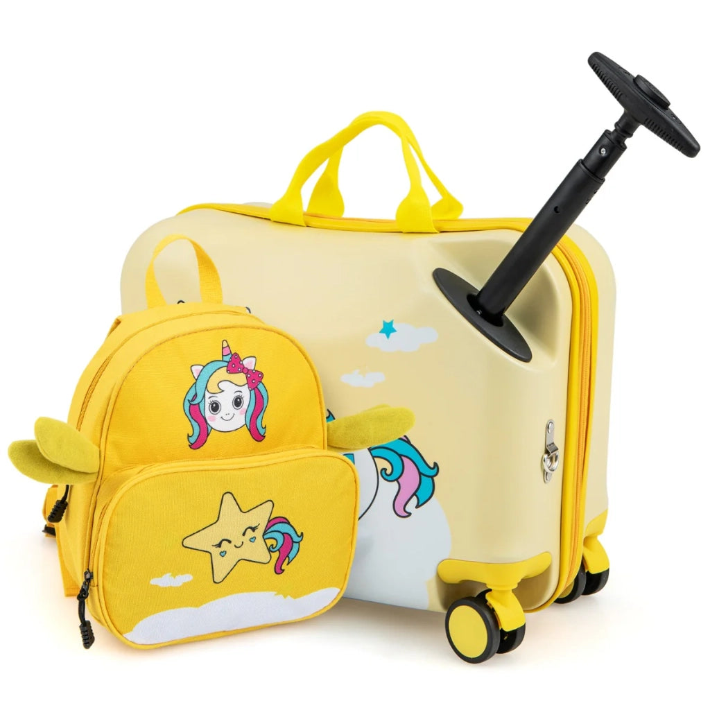 Set di valigie per bambini da 2 pezzi: valigia 47 x 26,5 x 36,5 cm e zaino 30 x 26 cm grazioso e multifunzionale in plastica ABS gialla 20_0009821