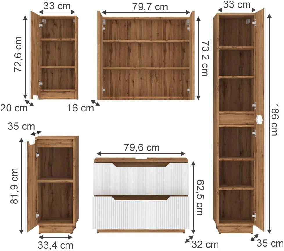Set di mobili da bagno Lotta, Rovere/bianco a strisce, 5 parti