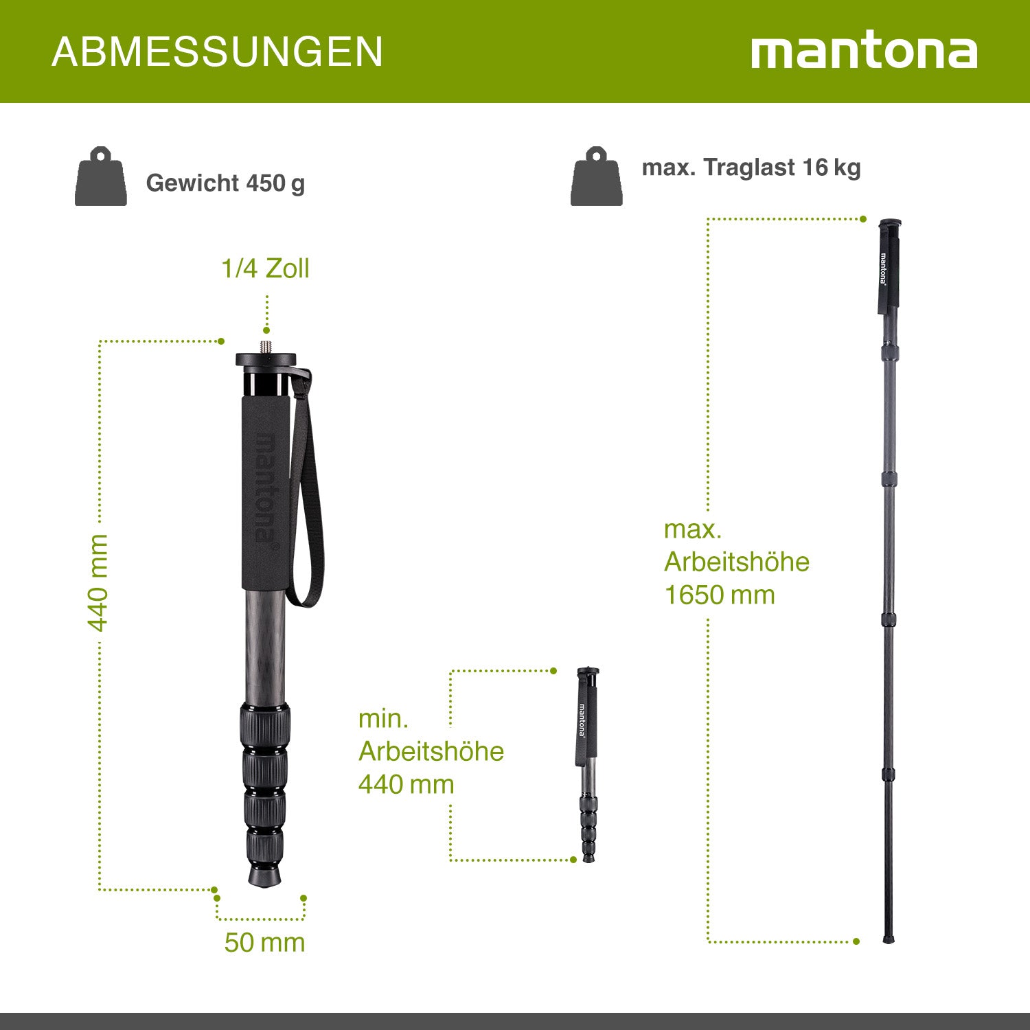 mantona Pro One monopiede in fibra di carbonio ultraleggera I altezza regolabile da 44 cm a 165 cm I pratico rivestimento in schiuma e cinghia da polso con accessori I colore: nero
