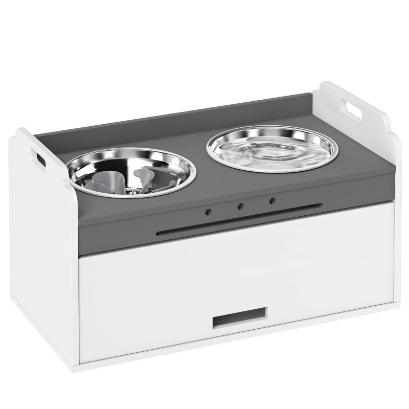 Mangiatoia rialzata per cani con mobile contenitore, 2 ciotole in acciaio inox, bianco