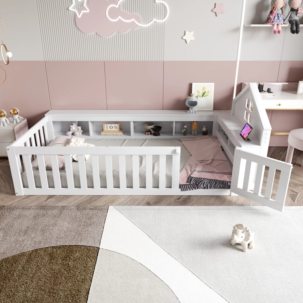 OKWISH Letto Bambino 90×200 cm, Letto Singolo con Contenitori, Spondine di Sicurezza e Porticina, senza Materasso, in Legno, Bianco