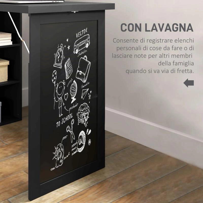 SCRIVANIA MODERNA PIEGHEVOLE CON LIBRERIA E LAVAGNA, IN LEGNO E METALLO, 98X51X153 CM, NERO