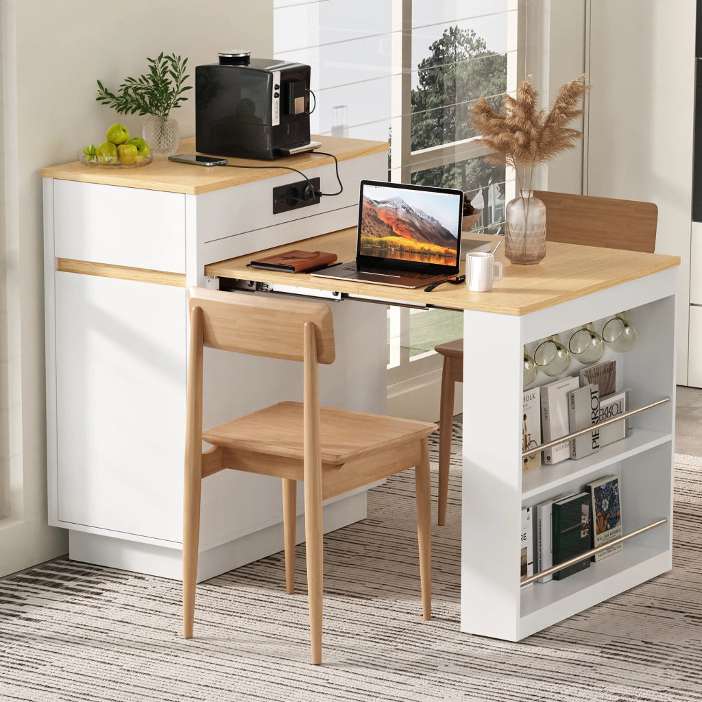 Tavolo da pranzo con piano estraibile; LED e prese USB per cucina in MDF bianco