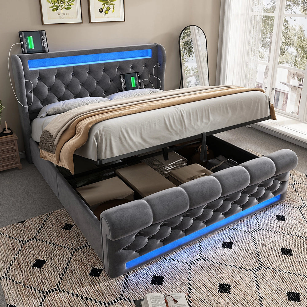 Letto matrimoniale-Xylo-140x200 cm-LED, USB-C, idraulico, velluto grigio