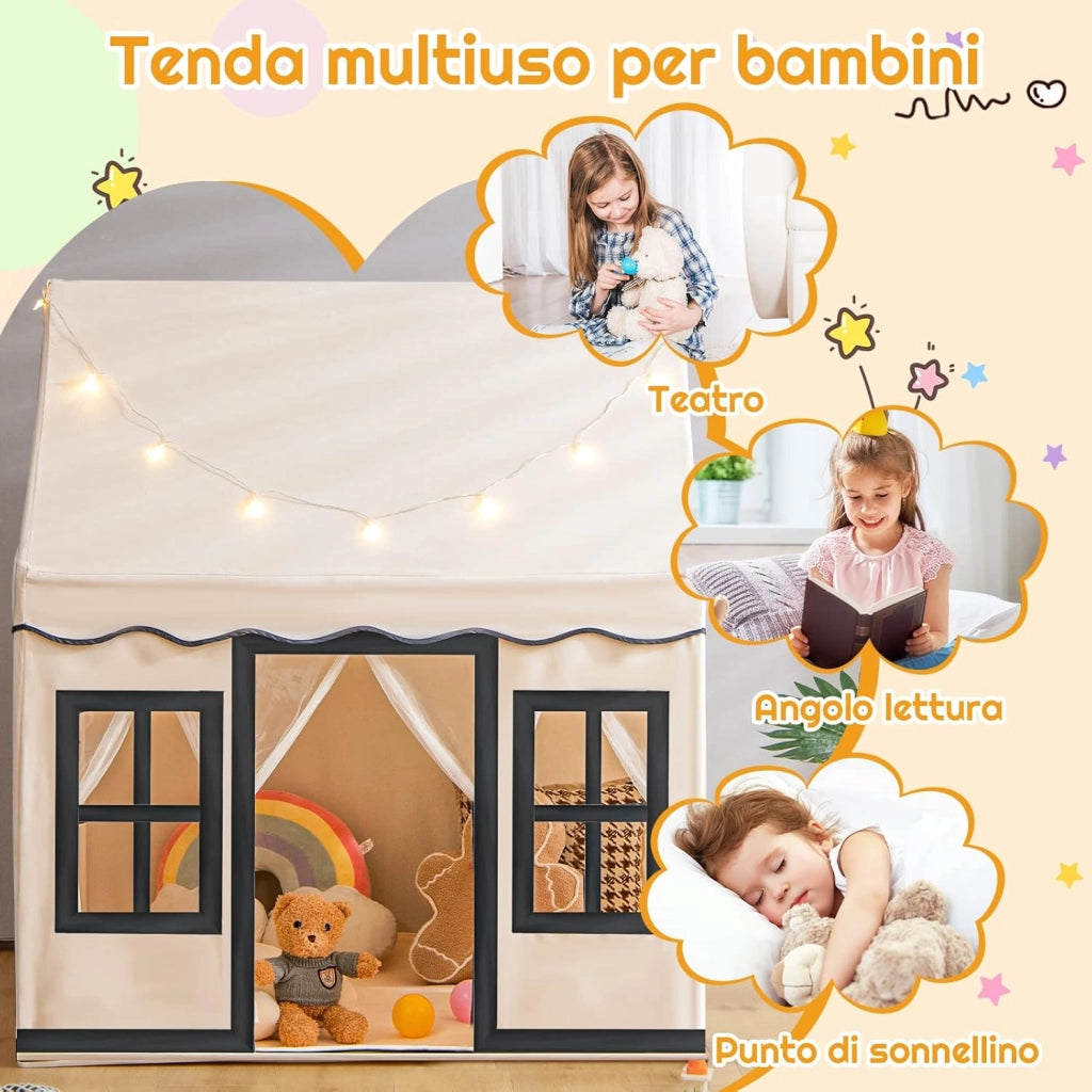 Tenda da Gioco per Bambini con Luci a Stella, Tappetino in Velluto Lavabile e Antiscivolo, Finestre e Tende a Rete, Ideale per Interni ed Esterni per Bambini 3 Anni + (Beige)
