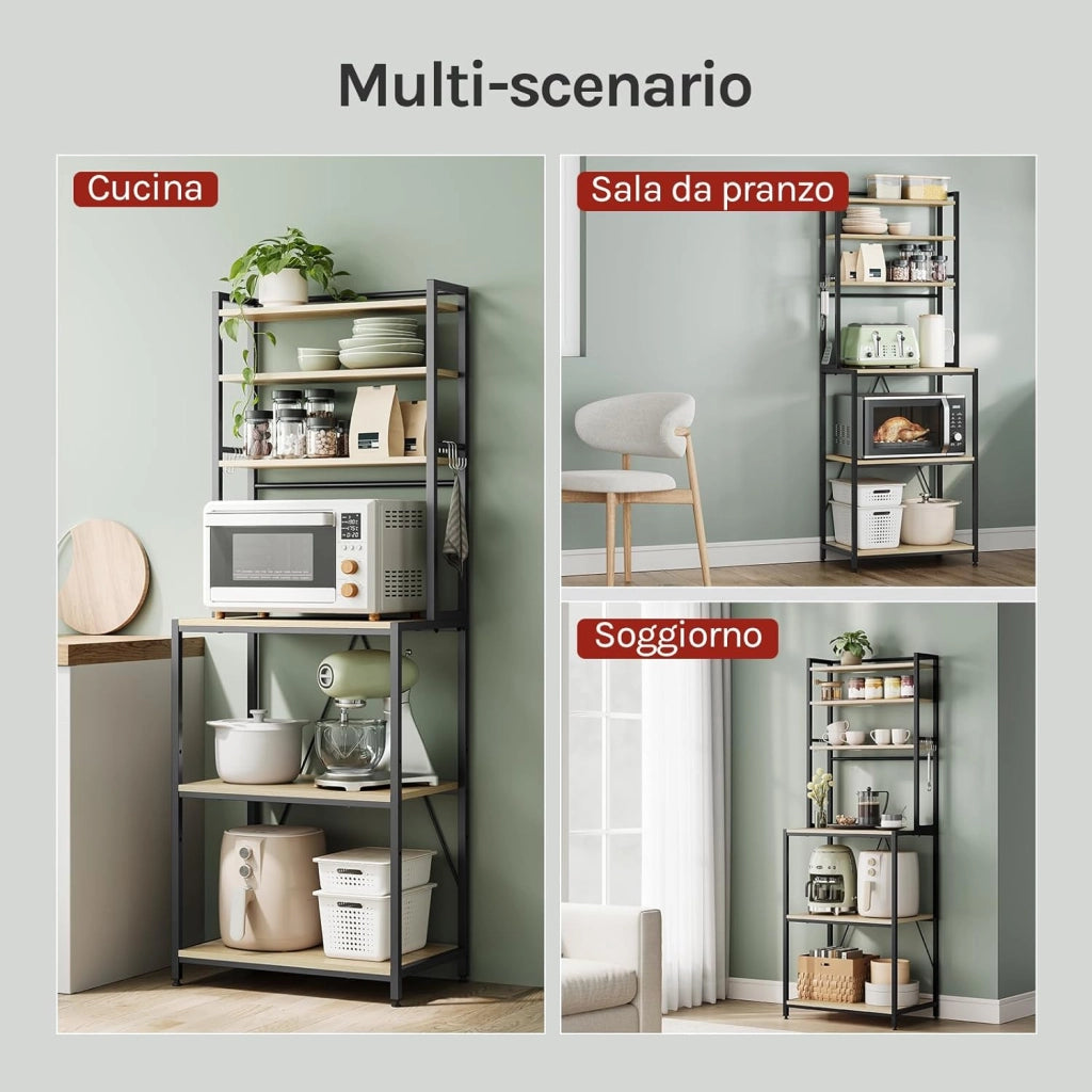 Scaffale da Cucina con 6 Ripiani, Scaffale per Microonde con 6 Ganci, Struttura in Metallo, Legno Ingegnerizzato, 60x40x167cm, Rovere Chiaro+Nero
