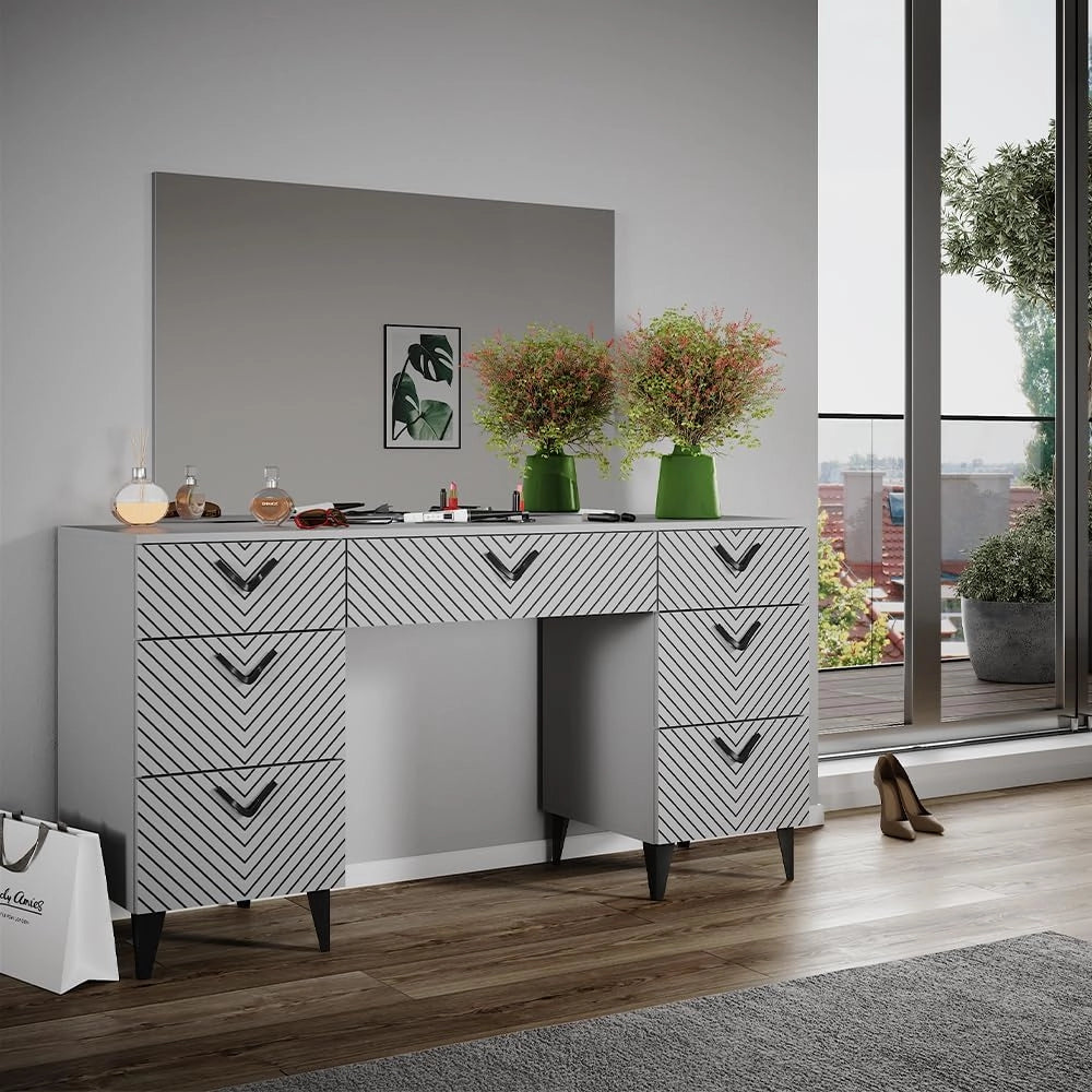 Tavolo da toeletta Anett, Grigio, 150 cm con illuminazione a LED, Cassetti per organizzare nel disordine