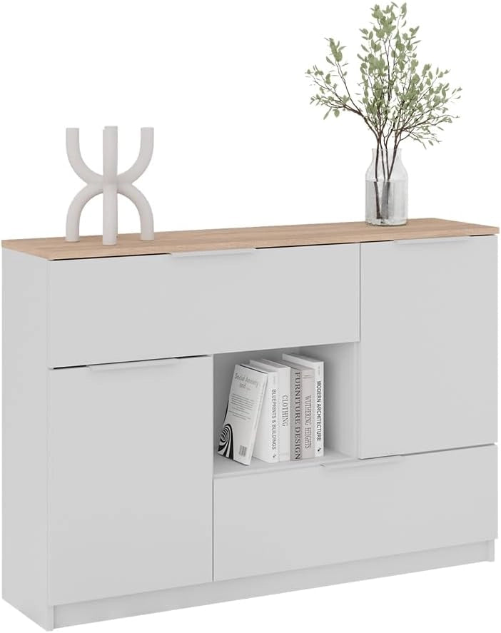 Cassettiera per camera da letto Betti, Bianco/Sonoma, 120 x 83.6 cm 2x porta, 2x cassetto e 1x scomparto aperto, per la conservazione e l'organizzazione di oggetti di uso quotidiano