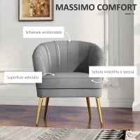 Poltrona in Velluto Imbottita con Gambe Dorate in Poliestere e Acciaio, 71x72x75cm, Grigio