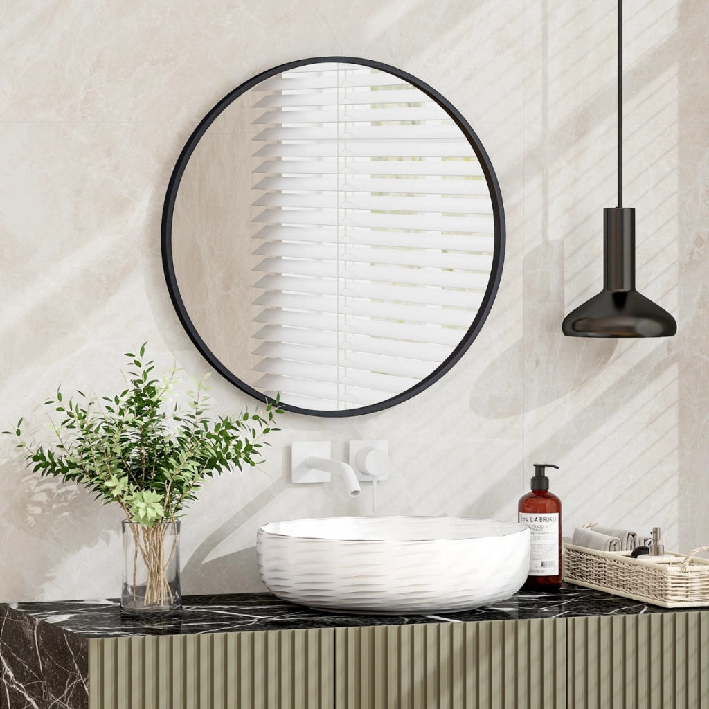 Specchio rotondo 61cm con cornice in metallo spazzolato opaco antiruggine, Specchio da parete decorativo-Specchi da parete