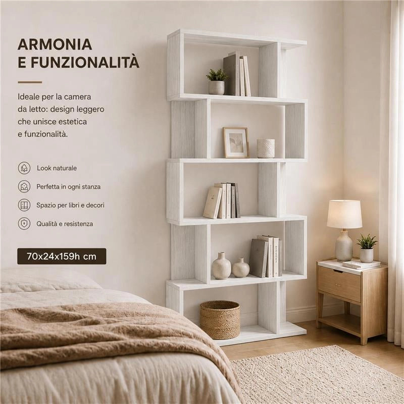 LIBRERIA CUBICA IN LEGNO BIANCO MODERNA CON CINQUE RIPIANI SFALSATI DIMENSIONI 70X24X159 CM