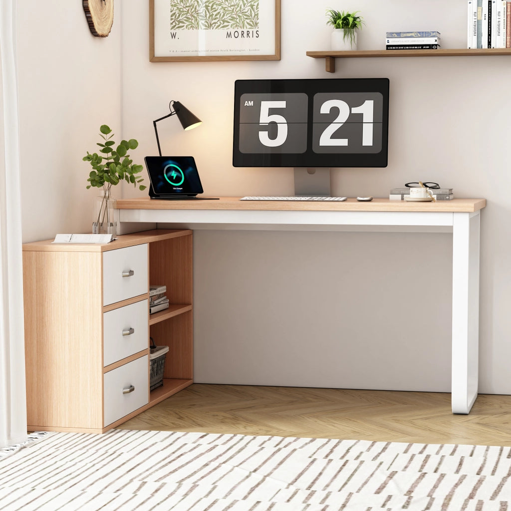 Scrivania lineare con 3 cassetti e 2 vani aperti, struttura in MDF e metallo, finitura naturale e bianco per ufficio