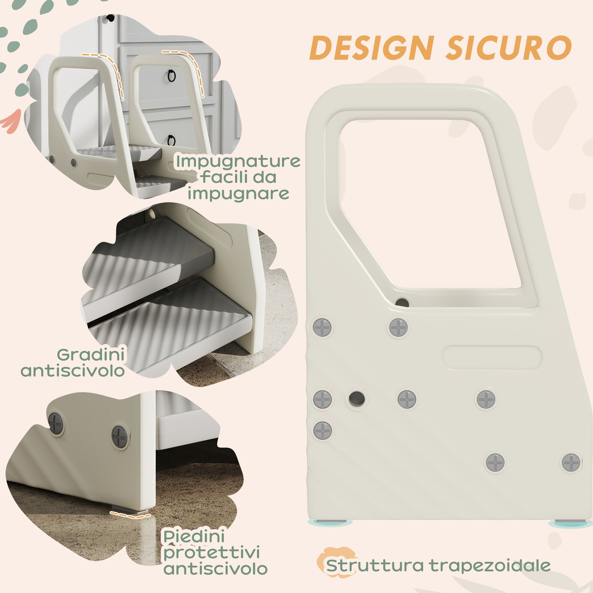 Scaletta per Bambini  3 Gradini in HDPE 43x42x65,5 cm Grigio e Bianco Crema