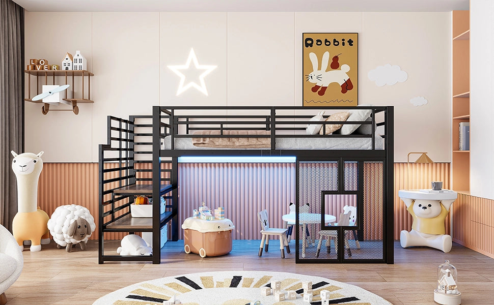 Letto a soppalco singolo 90 × 200 cm con scala contenitore, luci LED e finestre, senza materasso, nero