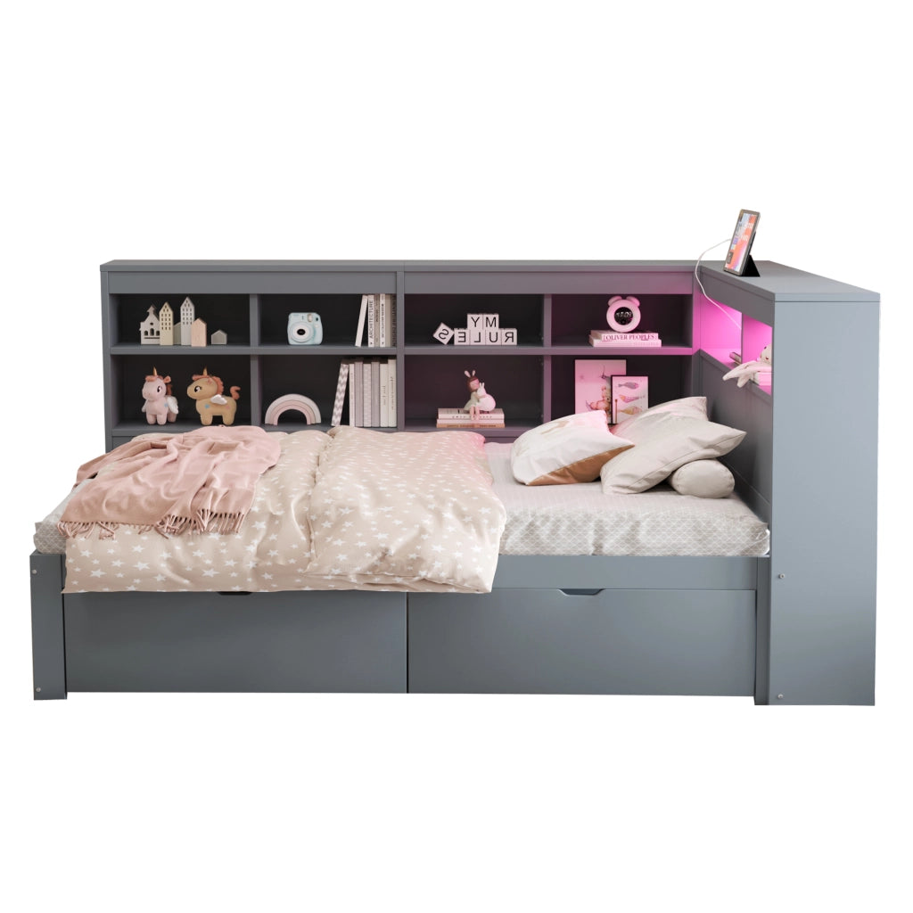 Divano letto multifunzionale 90x200 cm in legno; con contenitore; USB e LED; grigio