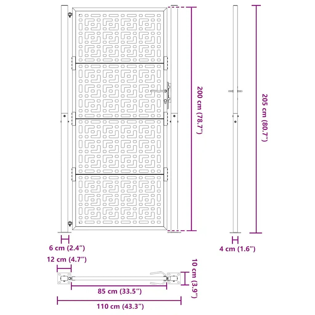 Cancello Giardino Nero 105x205 cm in Acciaio Design a Croce