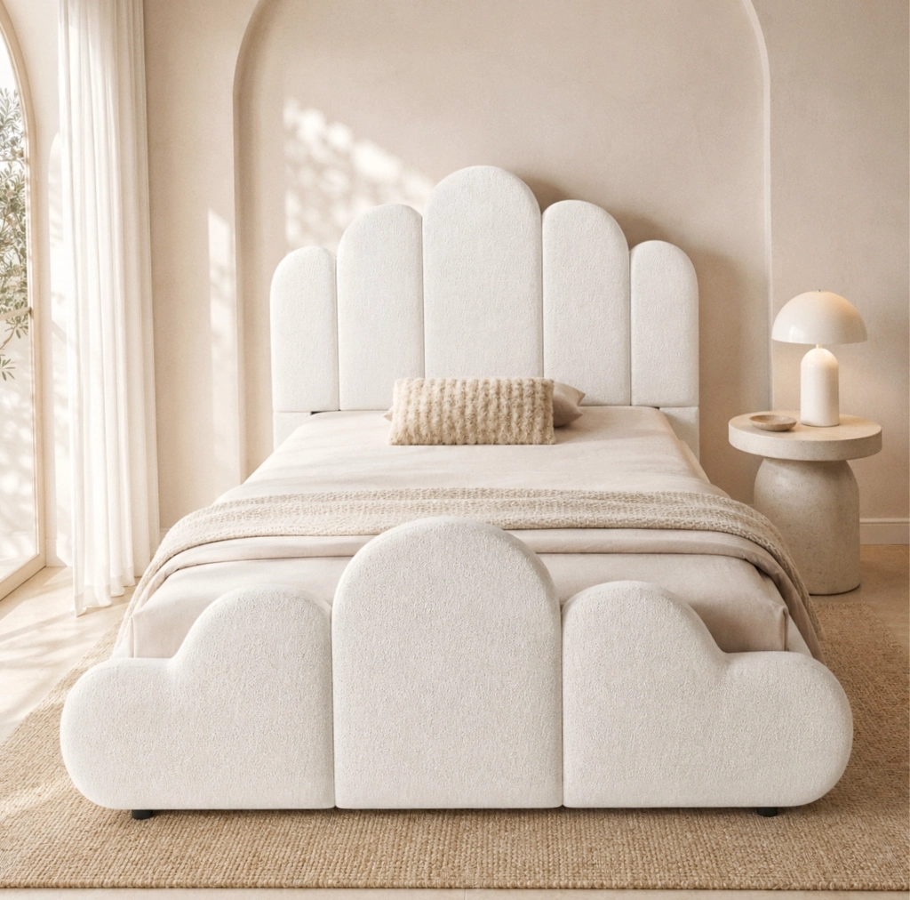Letto singolo imbottito 90x200 cm in bouclé beige; con rete a doghe e angoli arrotondati