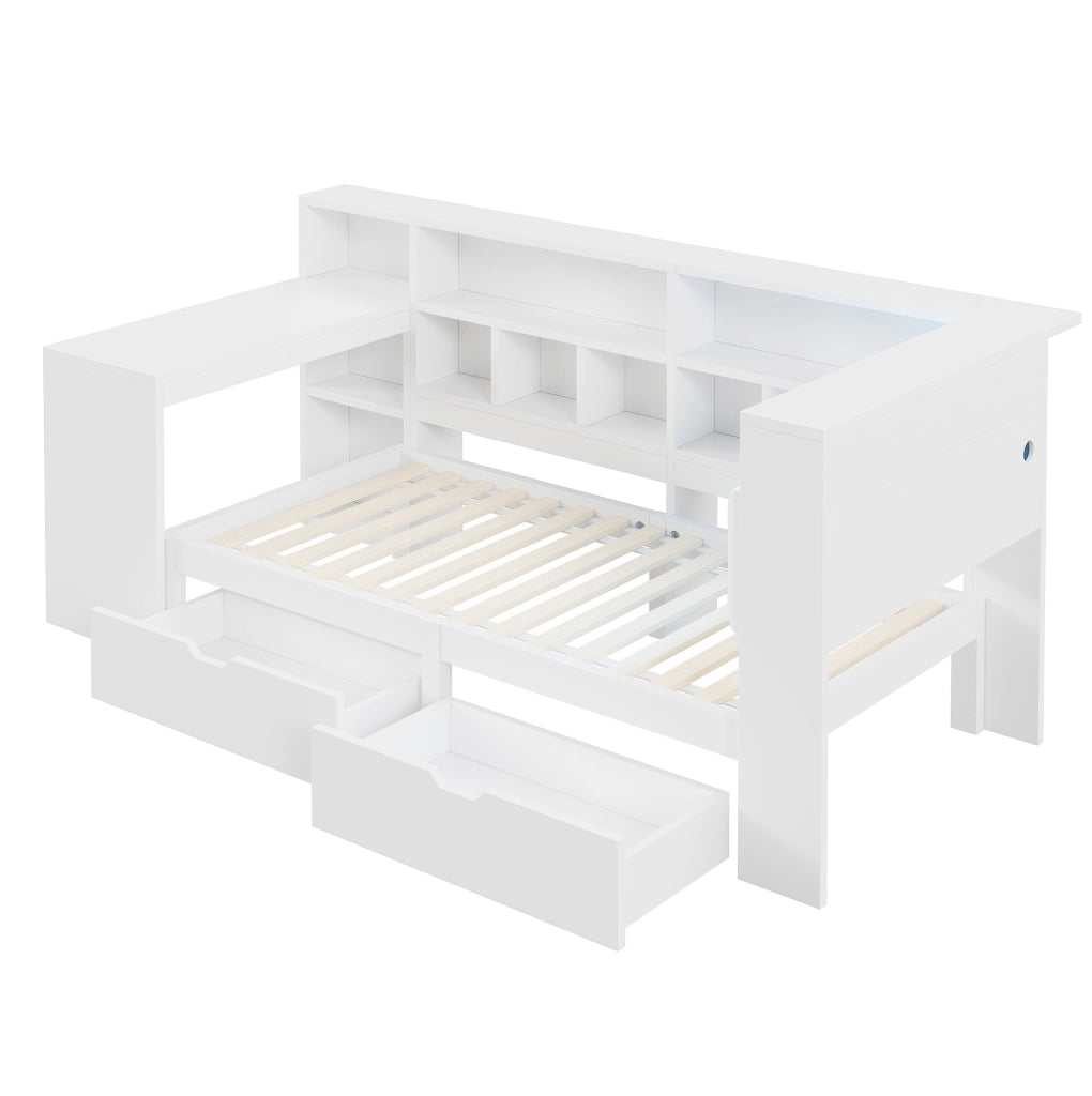 Letto a piattaforma 90x200 cm con scrivania; libreria e LED bianco