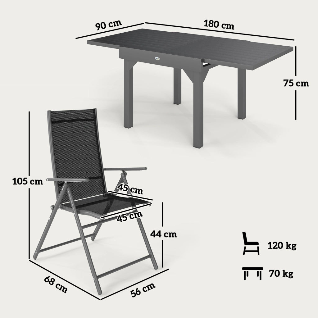 Set da Giardino con Tavolo da Pranzo Allungabile e 6 Sedie Pieghevoli in Acciaio Alluminio e Rete Grigio e Nero