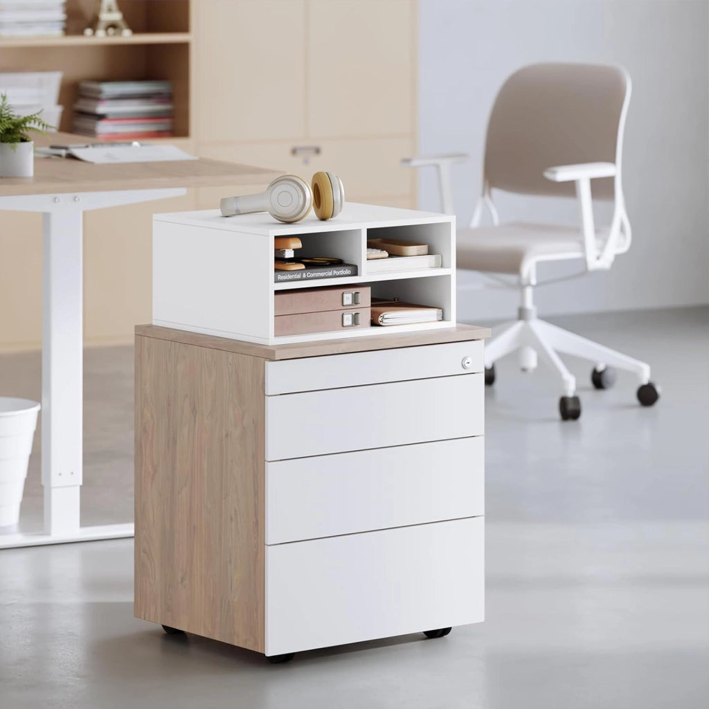 Schedario da Ufficio a 2 Livelli con Custodia, Porta Stampante da Scrivania in Legno con 3 Scomparti per l'Ufficio, 47x40x22,5cm, Bianco, ASK15ws