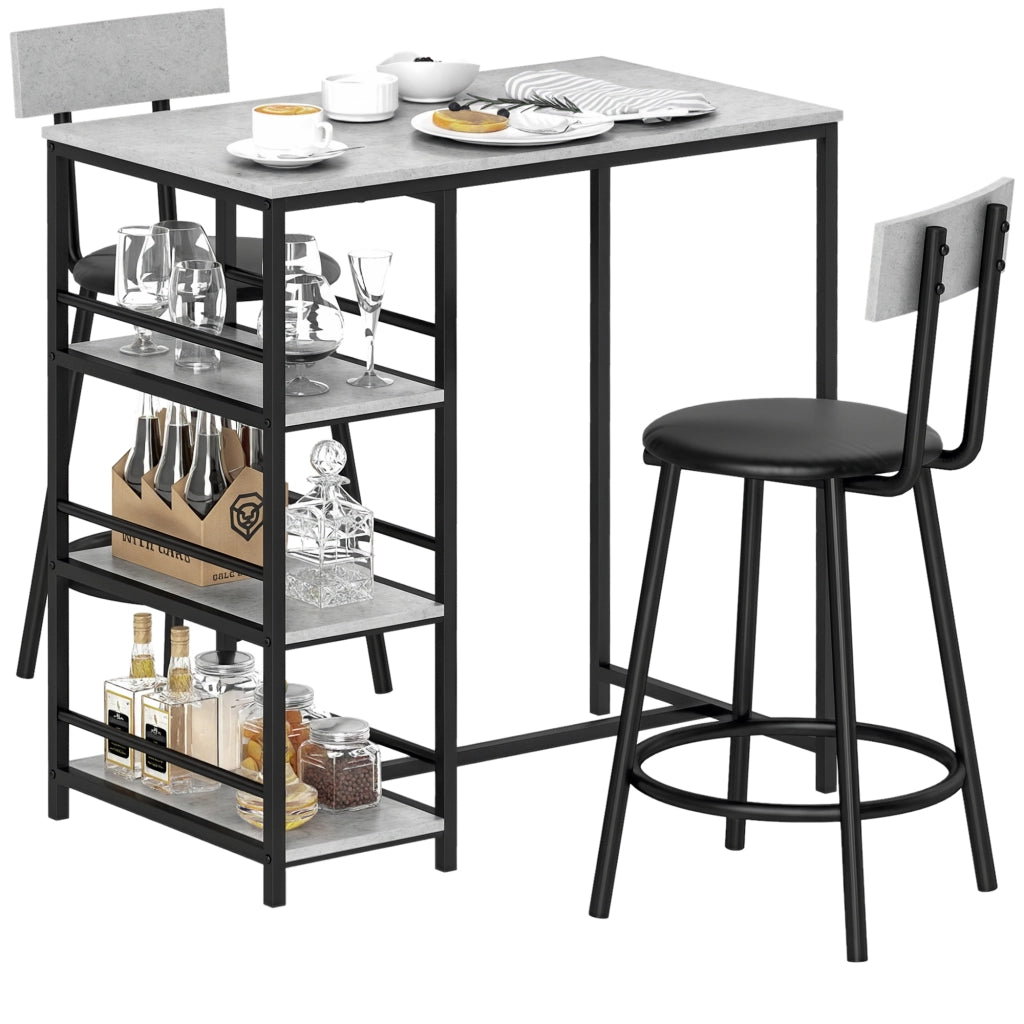 Set da Pranzo 3 Pezzi con Bancone Bar con Ripiani e 2 Sedie Alte con Schienale, Grigio Chiaro