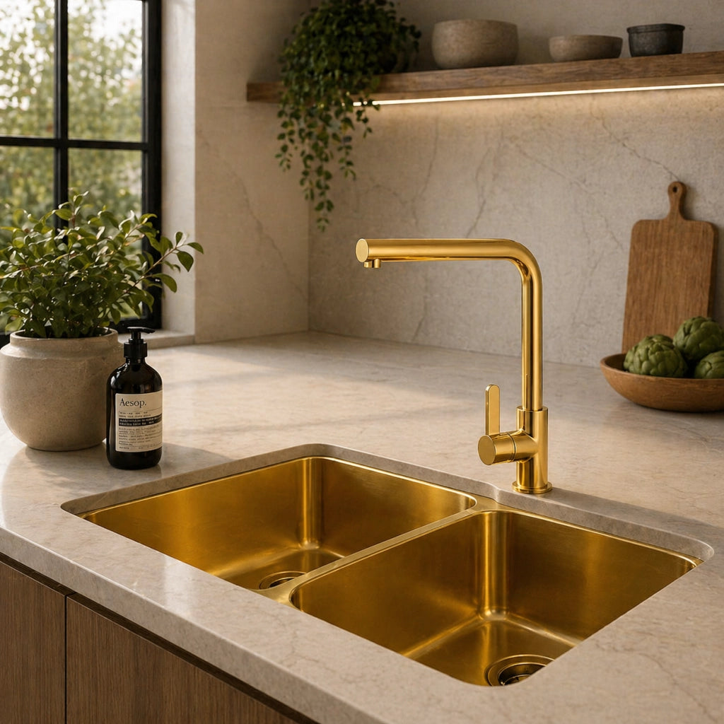 Rubinetto Cucina Oro Lucido Canna Alta Quadrata Girevole Miscelatore Lavello 94028